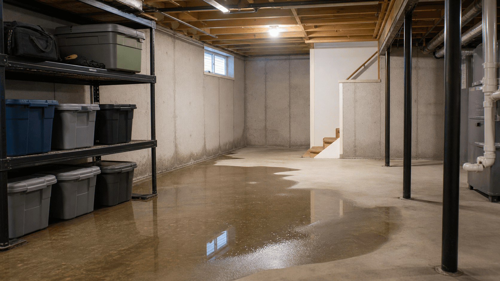 Standing water in a basement around stored household items