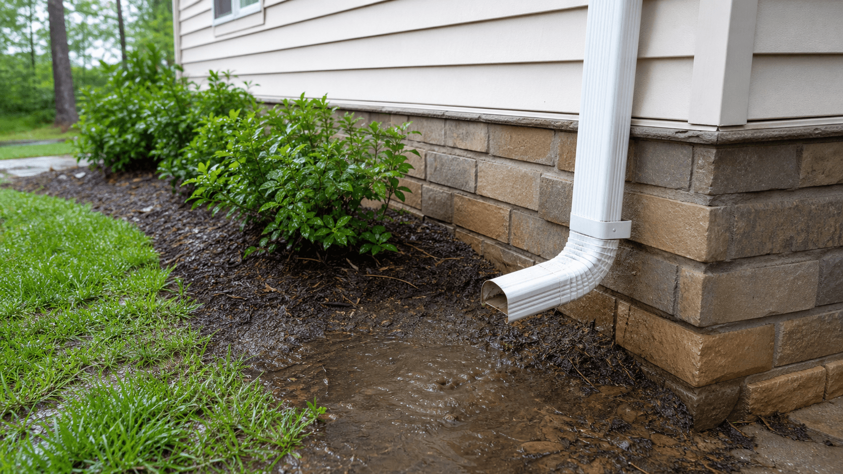 Rainwater pooling beside a foundation near a downspout after rain