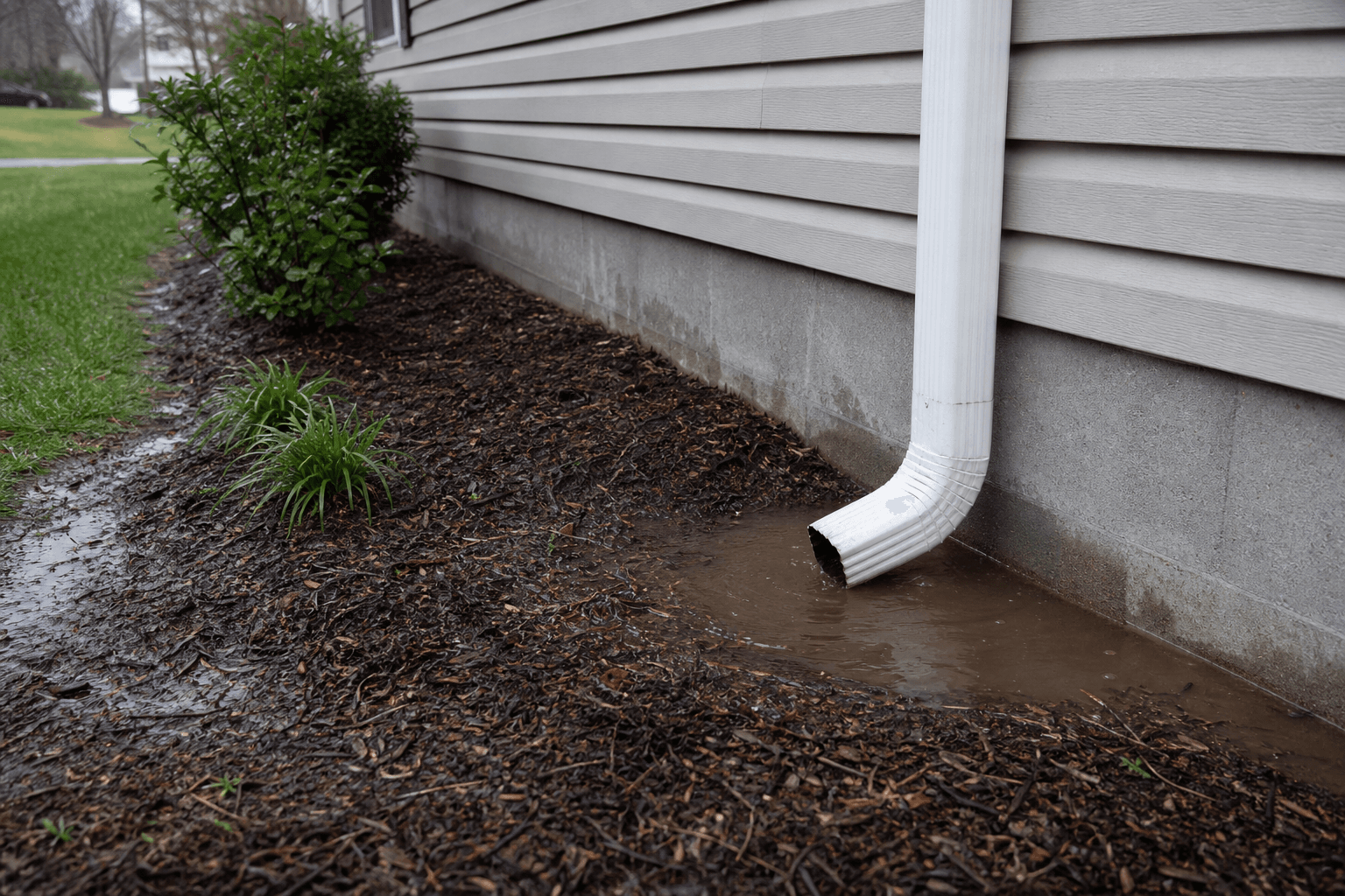 Rainwater pooling against a foundation wall beside a downspout
