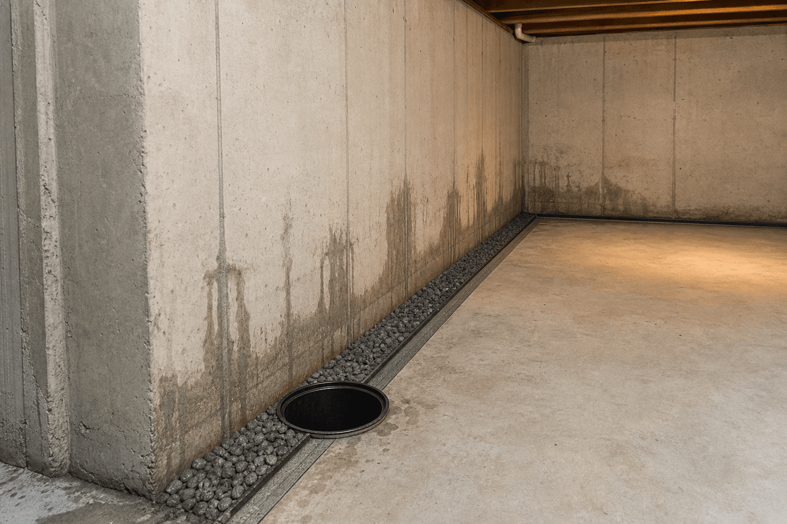 Interior basement drainage and sump pump area
