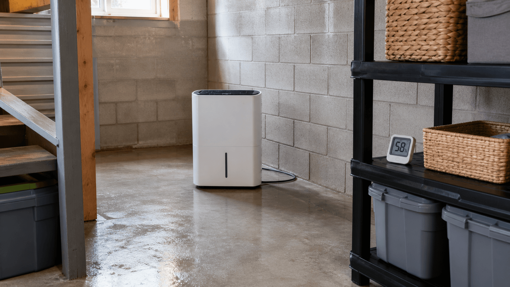 Basement dehumidifier and humidity meter in a clean storage area