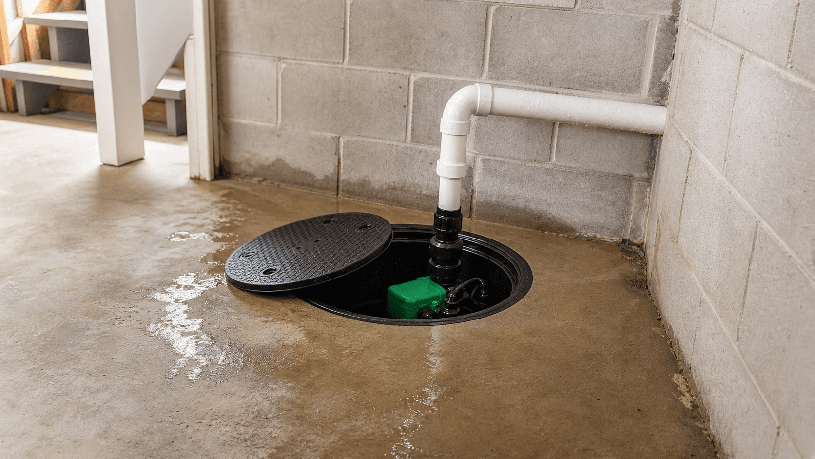 Basement sump pump basin with discharge piping after rain
