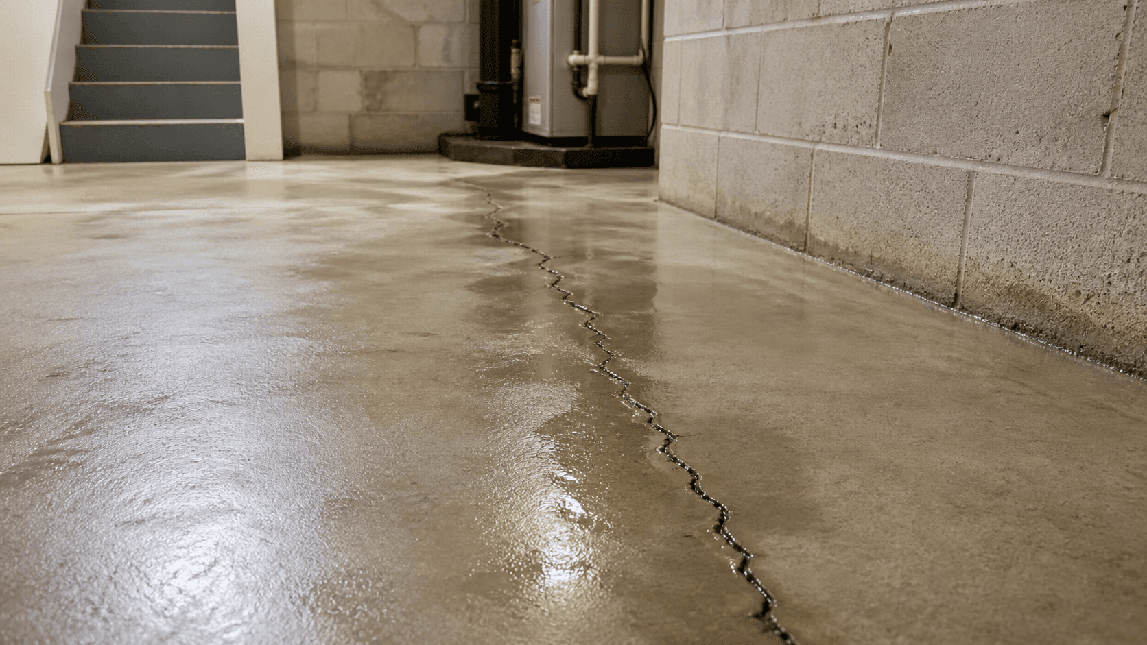Water seeping through a crack in a concrete basement floor