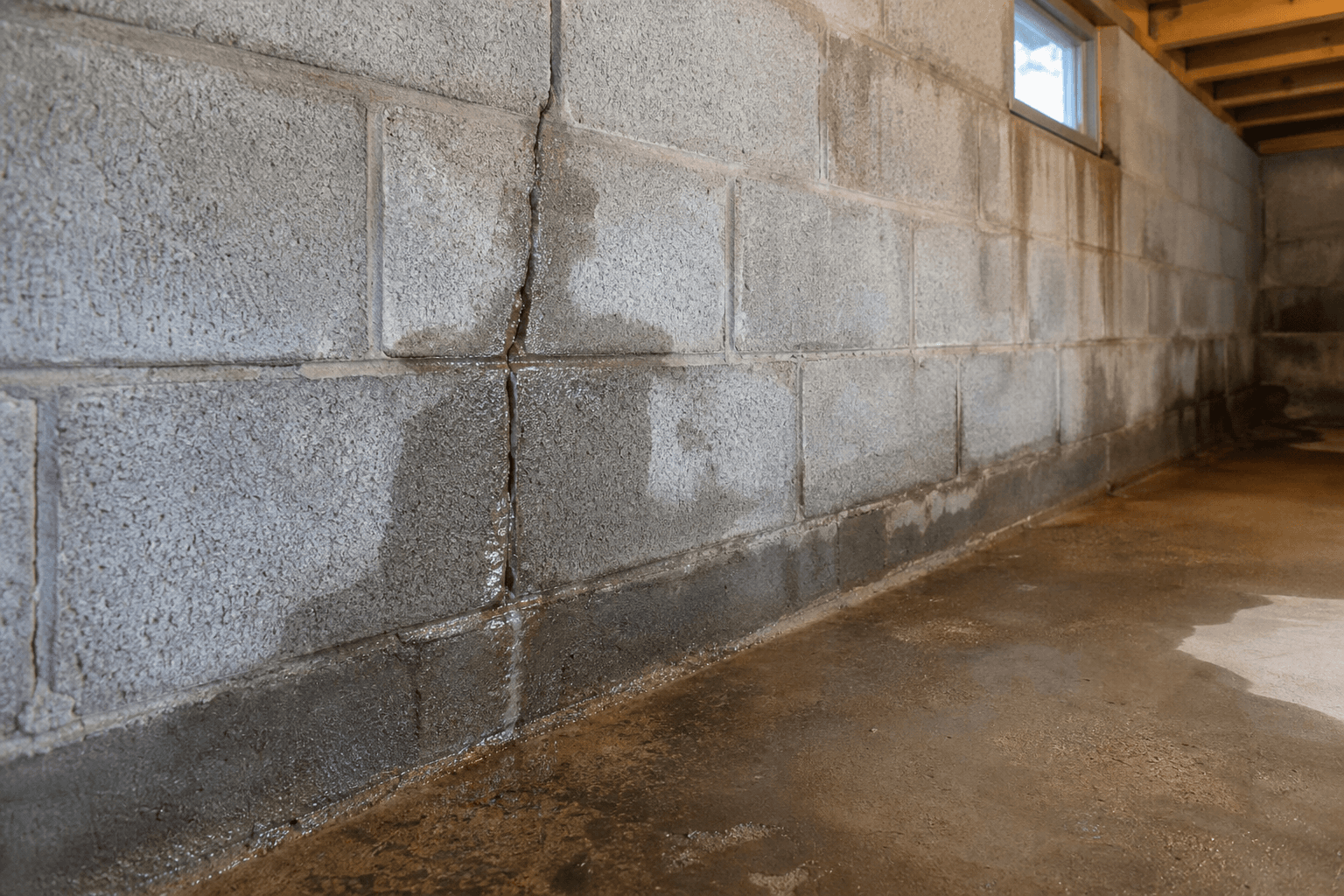 Water seeping through a basement foundation wall crack