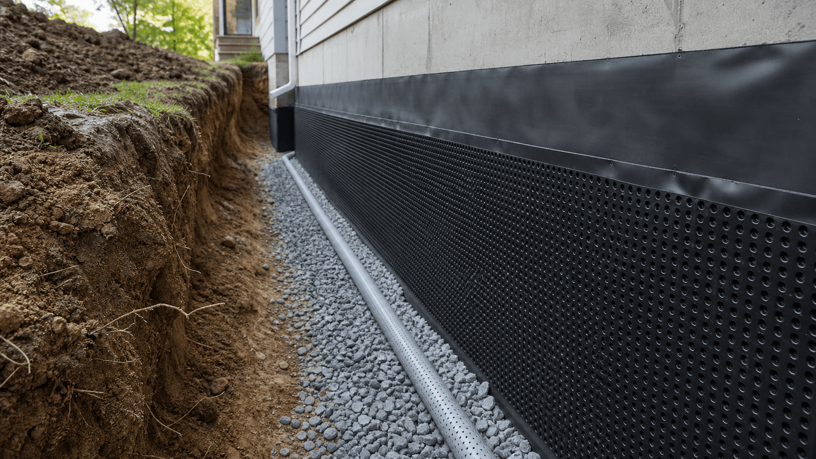 Exterior basement waterproofing membrane and drain pipe beside an excavated foundation