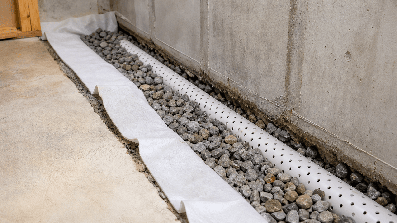 Perforated French drain pipe in gravel along a basement perimeter